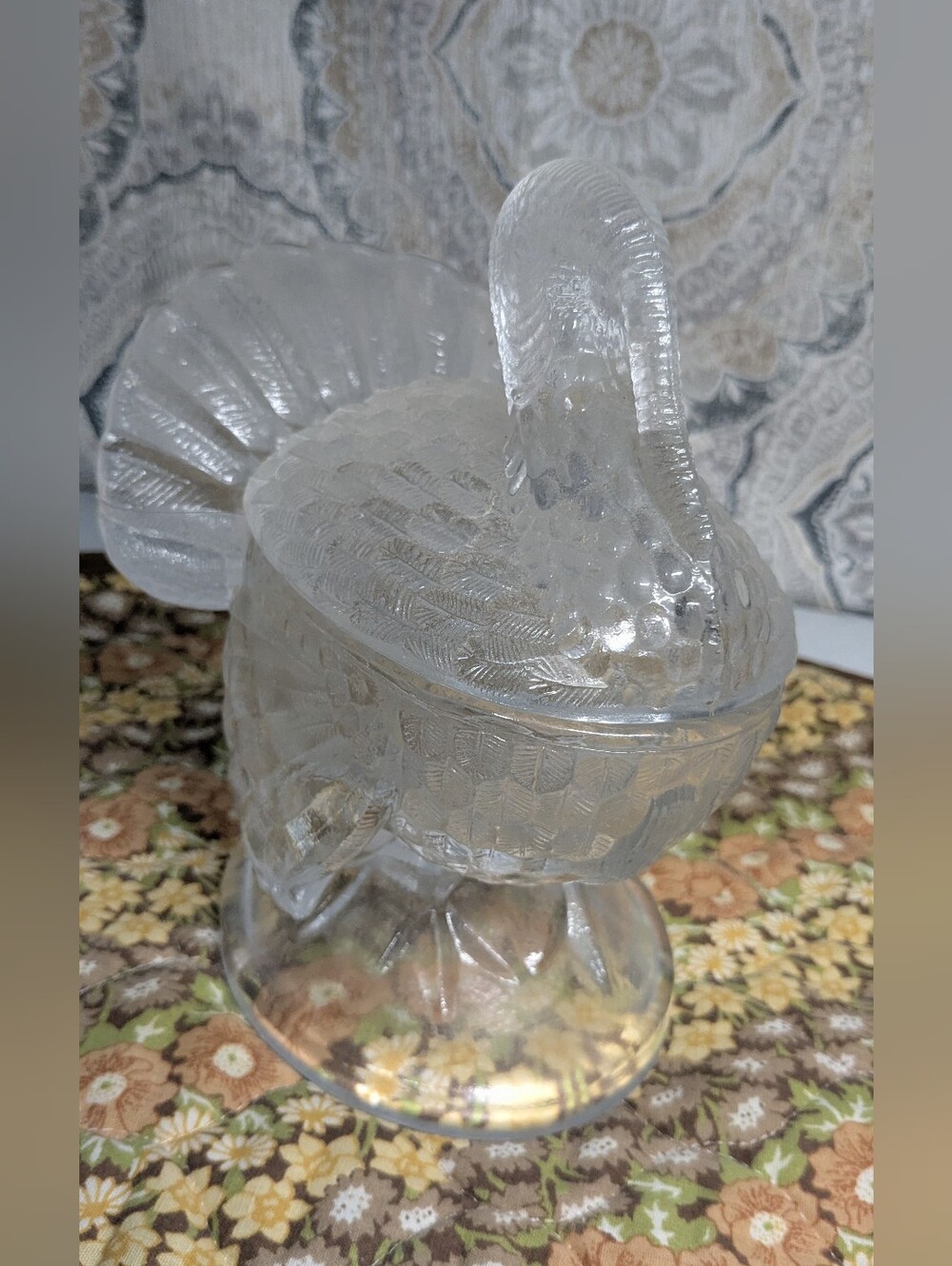 Vintage L. E. Smith Clear Glass Turkey Lidded Candy Dish Thanksgiving